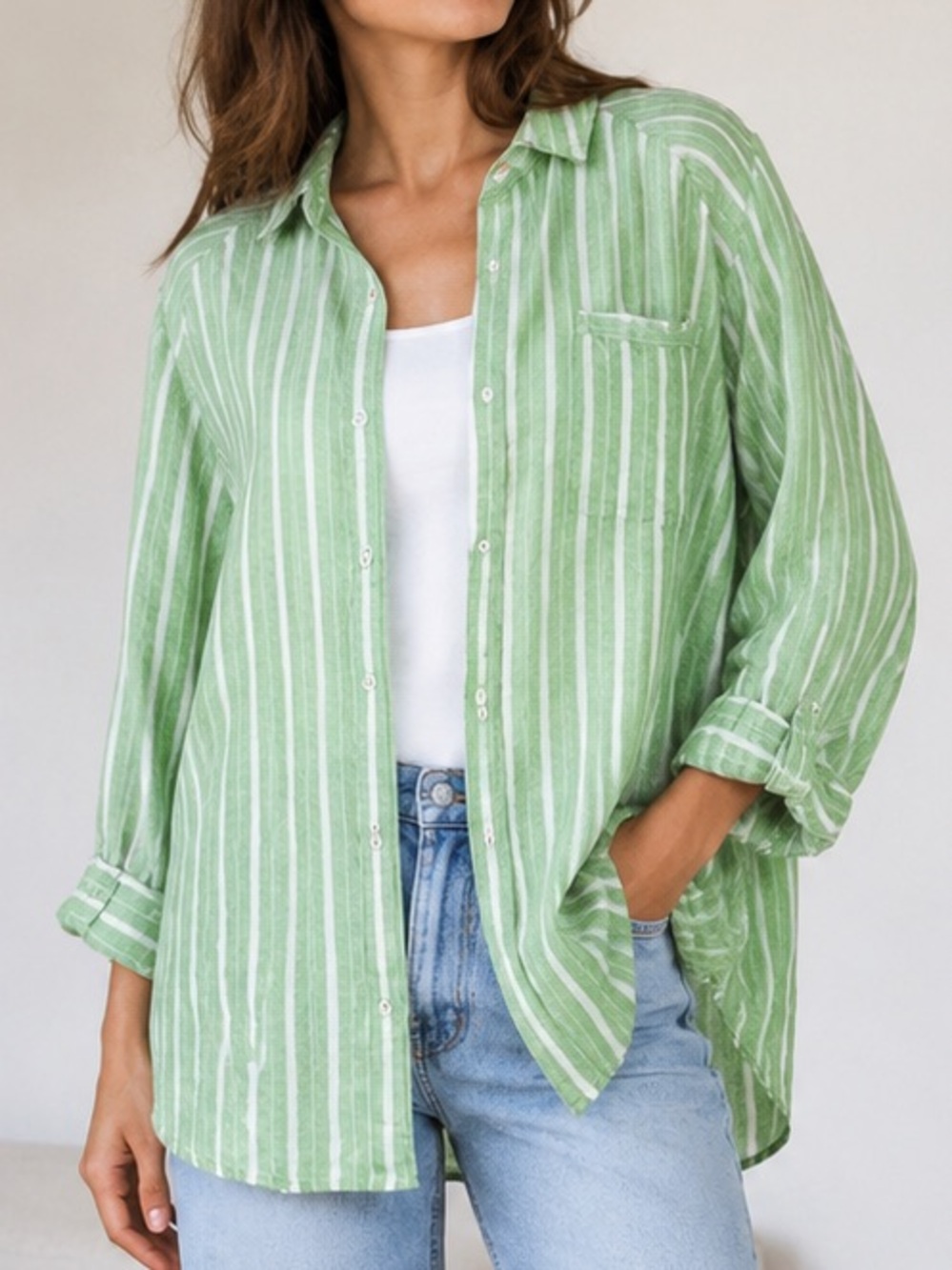 Aerie Linen Blend Oversized Shirt Flannel Shacket Size XL Green White Stripe